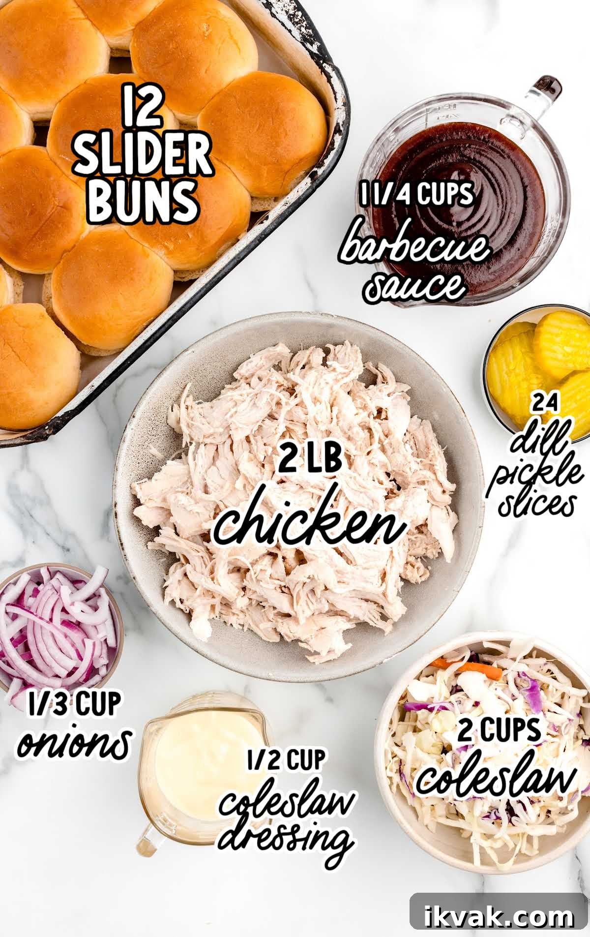 Tangy BBQ Chicken Sliders Recipe for Crowd-Pleasing Sandwiches 4 BBQ Chicken Sliders raw ingredients that are labeled