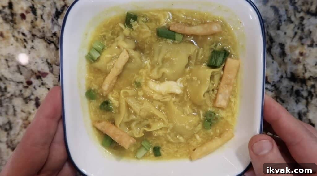 Soup in bowl with Chinese noodles and additional scallions