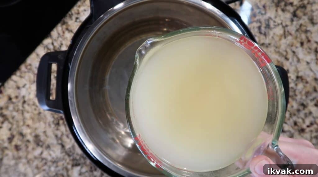 Chicken broth being poured into Instant Pot