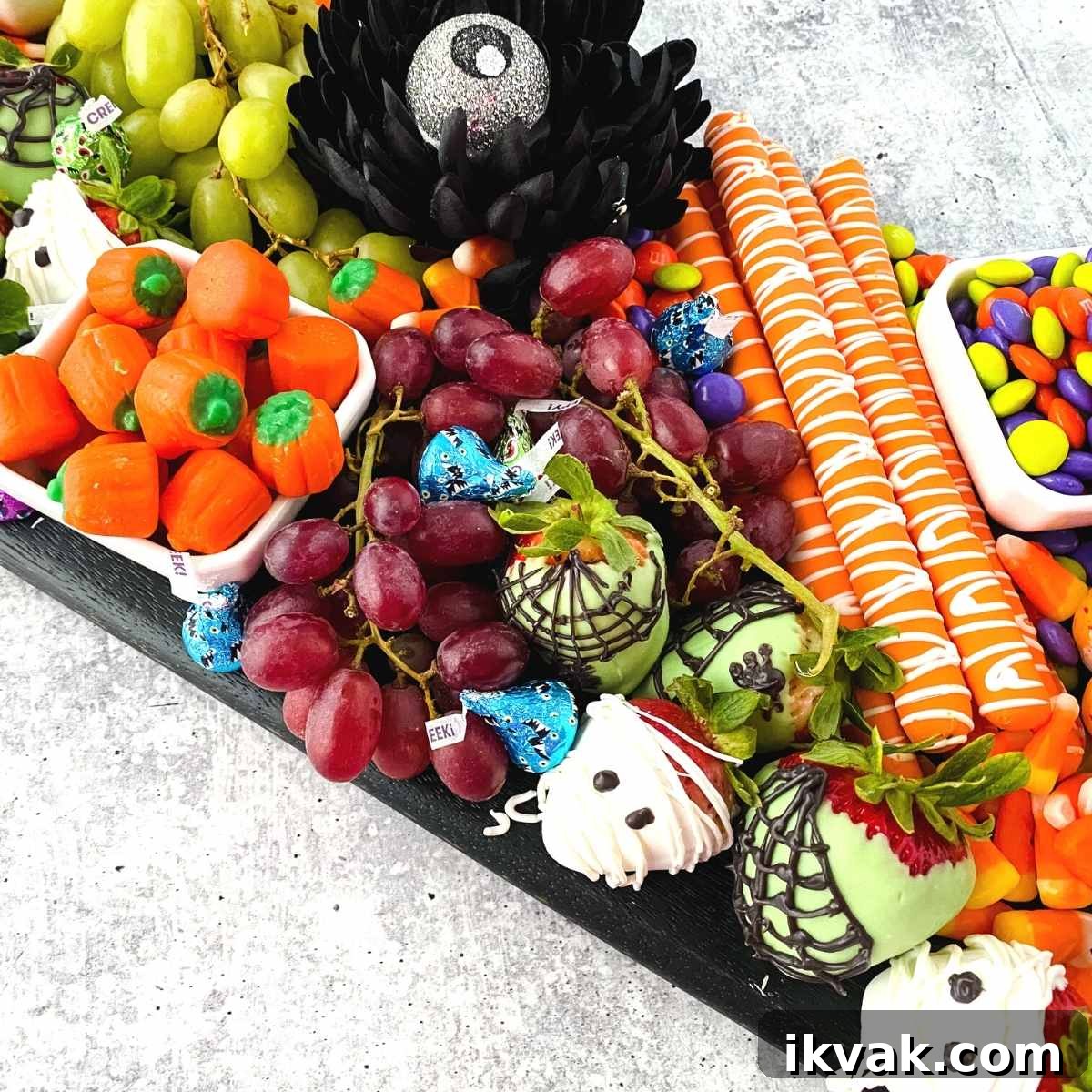 close up of a halloween charcuterie dessert board