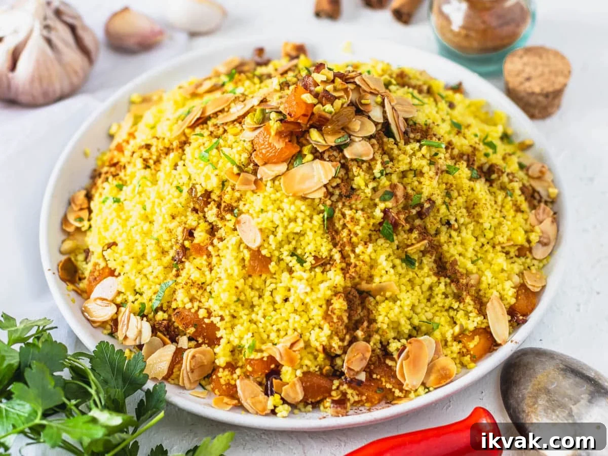 Moroccan couscous with nuts and dried fruit on a plate