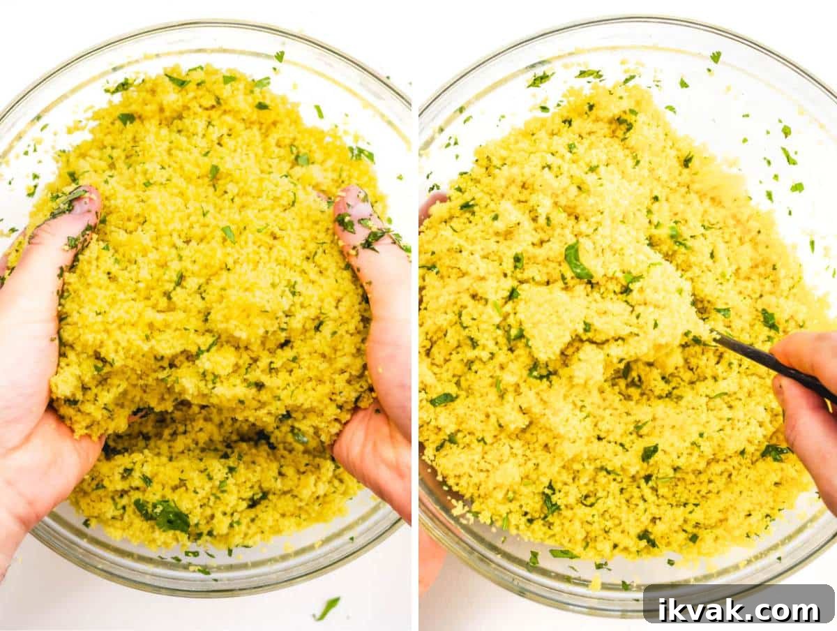 tossing the couscous with parsley and olive oil