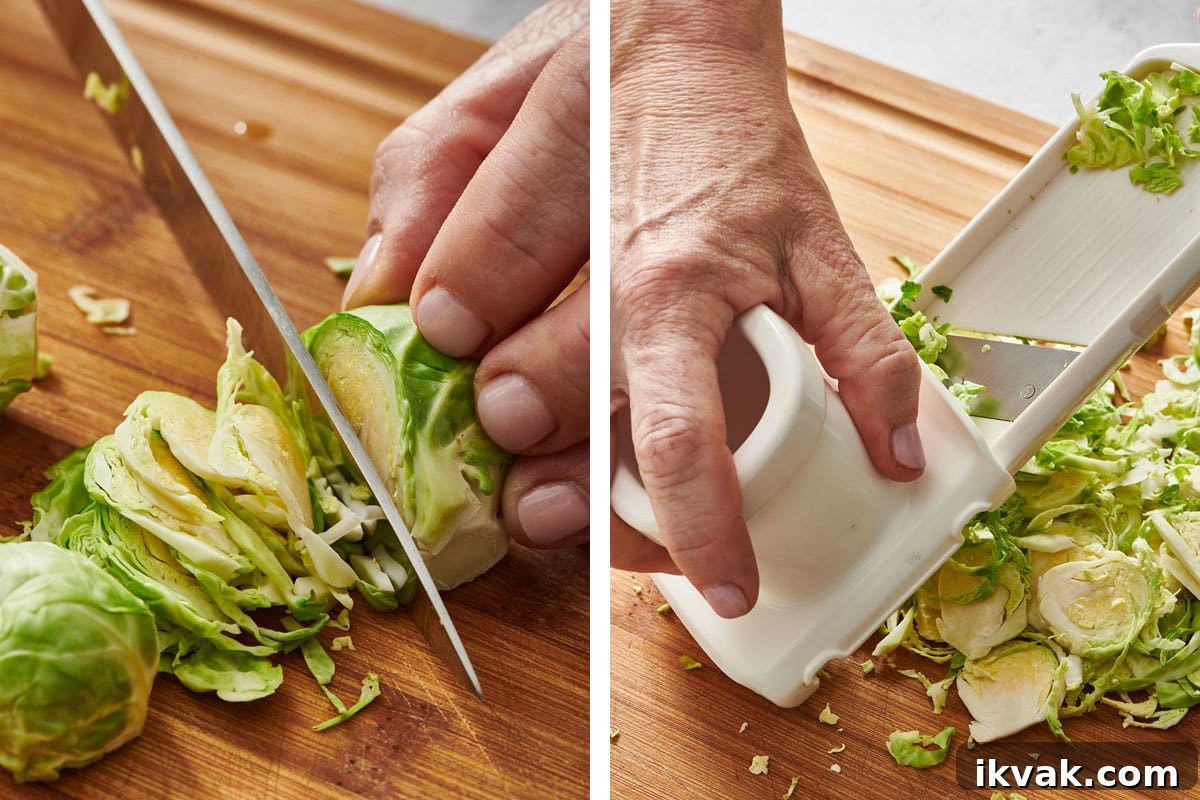 Crispy Roasted Brussels Sprouts: Simple Oven Recipe 5 Shredding Brussels sprouts with a knife and mandoline.