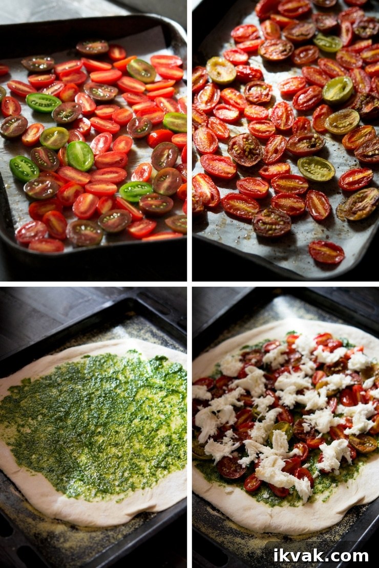 step by step photos on how to roast tomatoes and make a basil pesto pizza