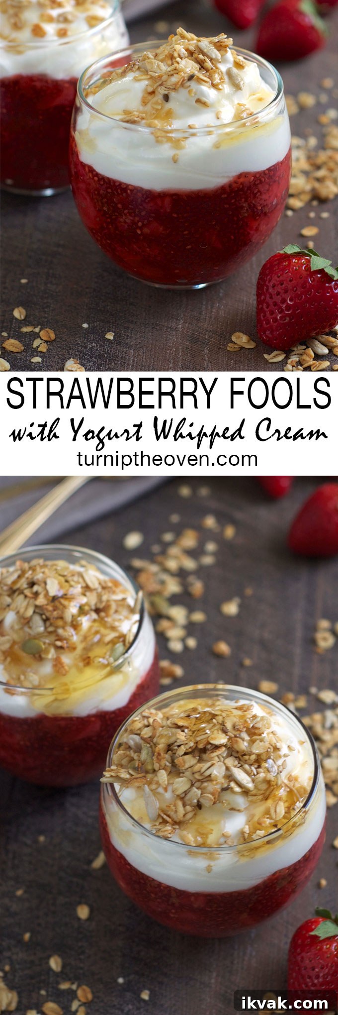 These simple and delicious strawberry fools are made with chia seeds and topped with a honey Greek yogurt whipped cream. Serve them for breakfast or for dessert!