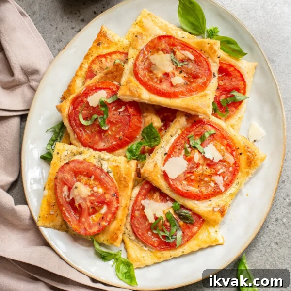 An overhead image of tomato puff pastry tarts on a serving plate.