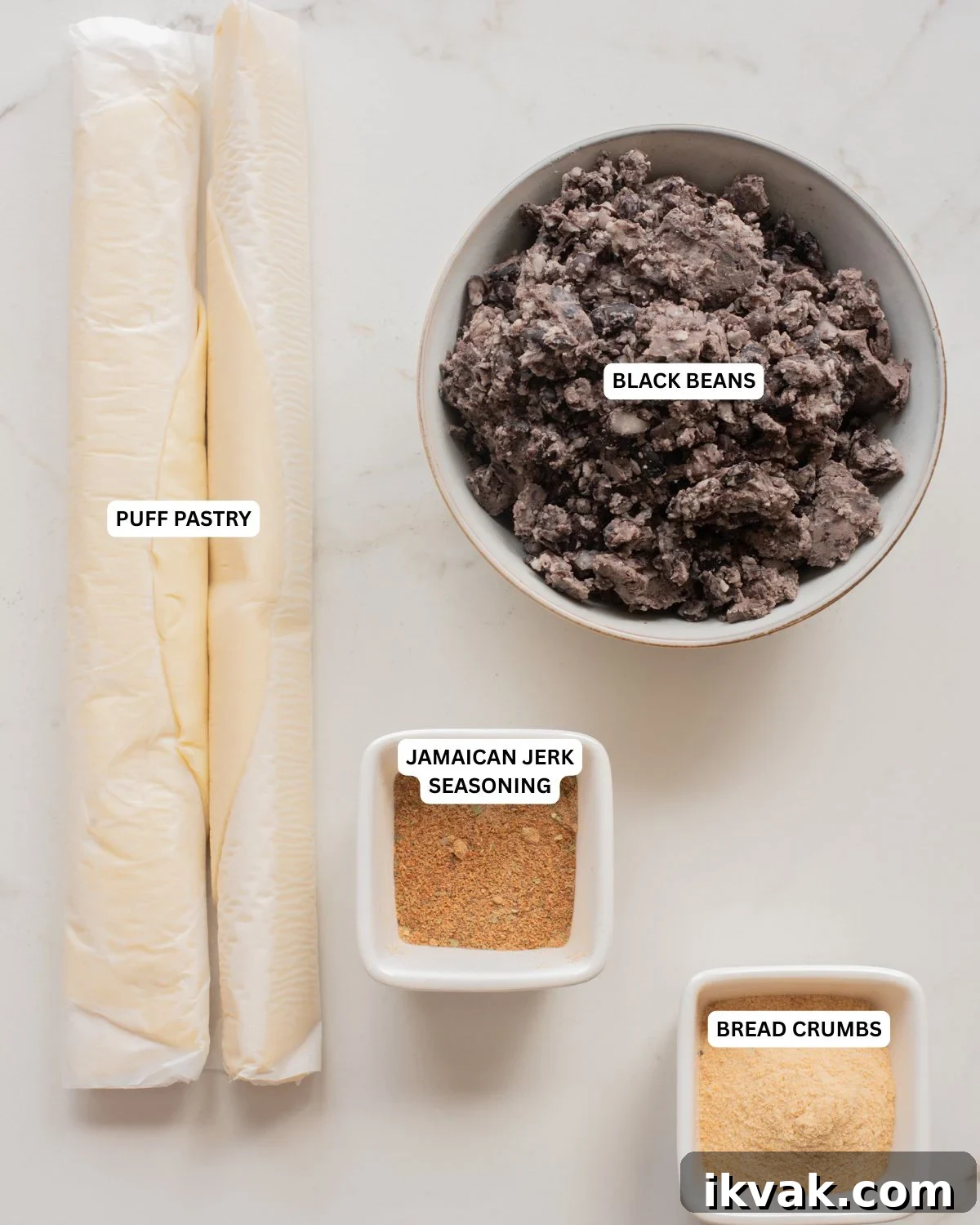 Overhead image of the ingredients of Jamaican black bean patties.