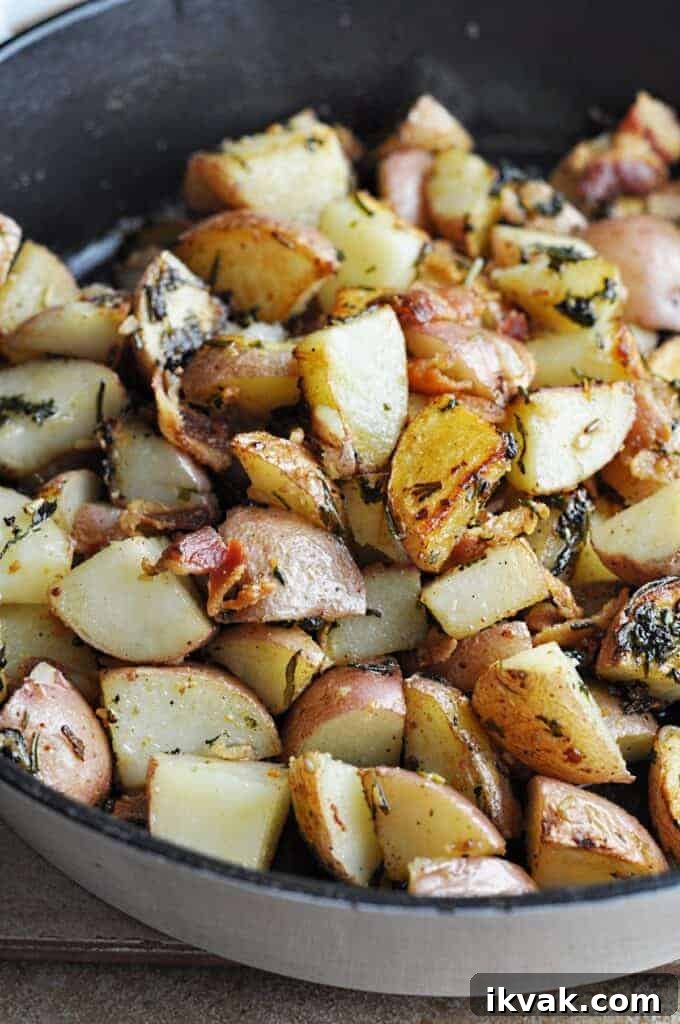 Crispy Cast Iron Potatoes with Bacon and Herbs 5 Potatoes in cast iron pan