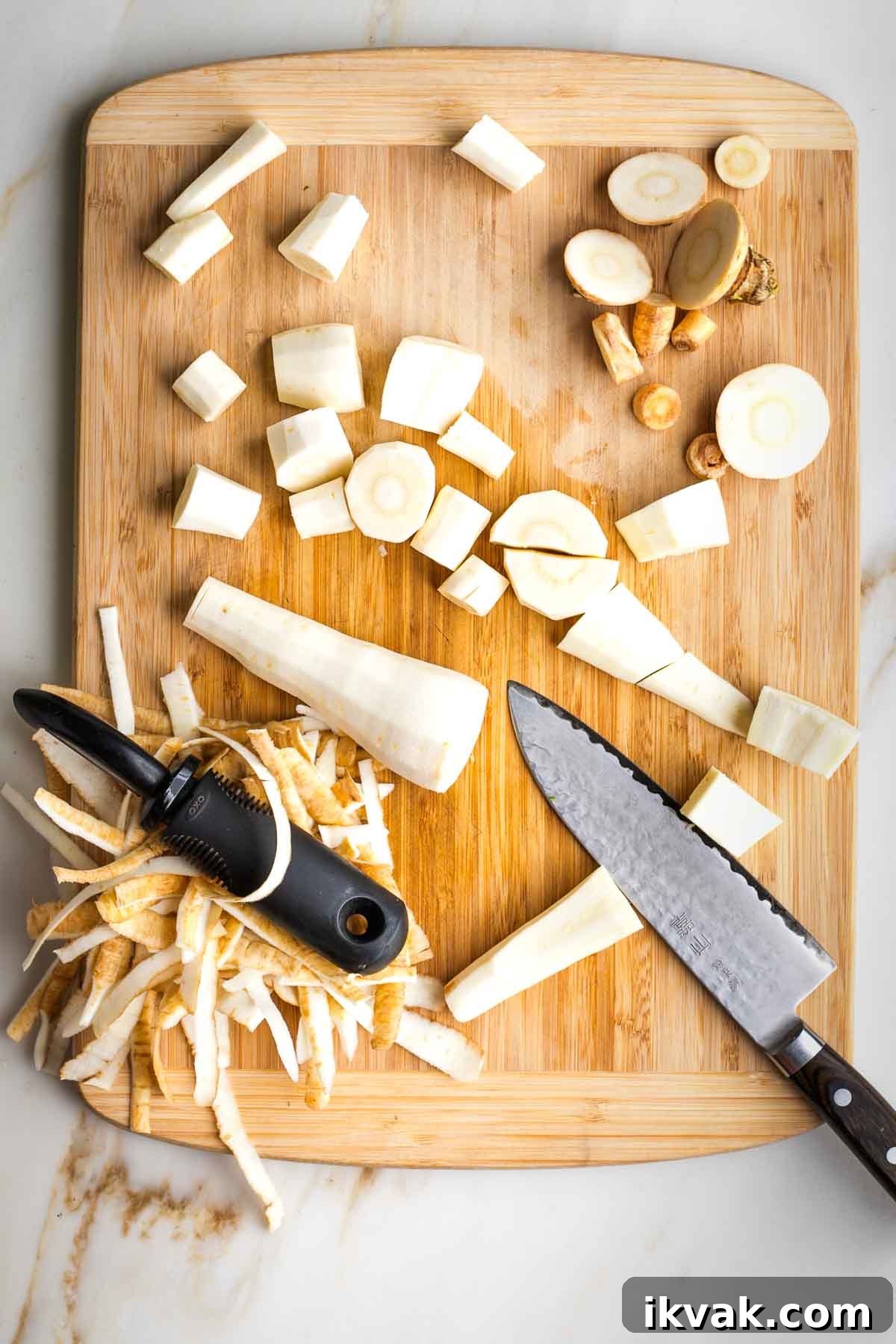 Gluten-Free Tabbouleh with Roasted Parsnips 8 Parsnips, trimmed and peeled, being cut into small cubes.