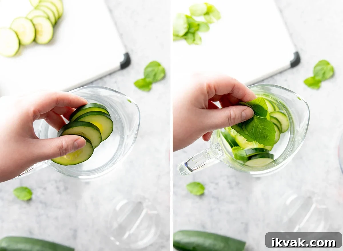 Two photos showing How to Make Cucumber Water – adding cucumber slices and fresh mint leaves