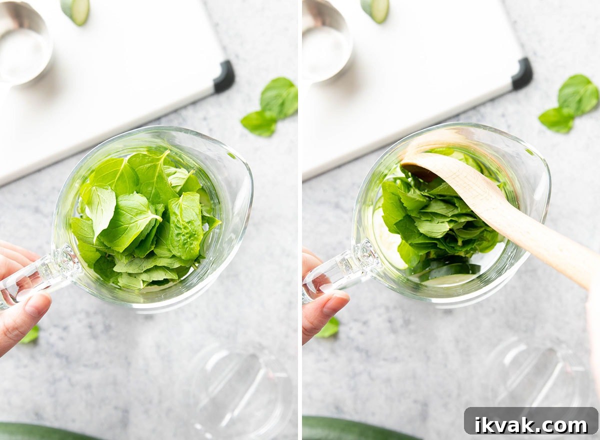Wash your fresh mint leaves, pat to dry, then drop into the pitcher.