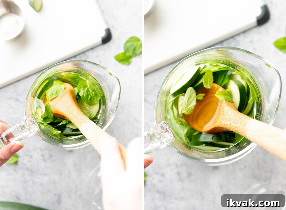 Stirring ingredients into healthy drink recipe with a wooden spoon