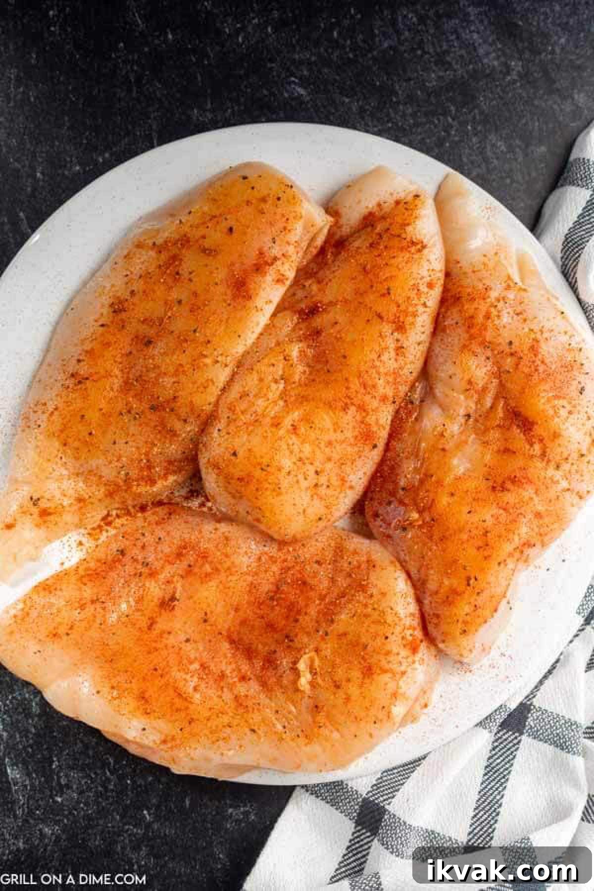 Seasoned chicken breast on a plate.