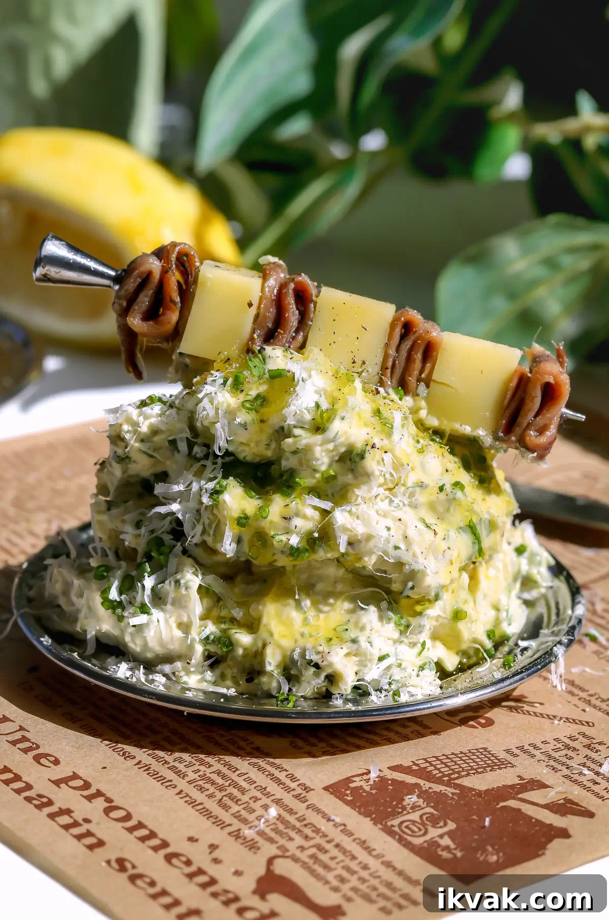 Caesar-Style Whipped Butter: Creamy Dressing-Inspired Spread 2 A close-up of Caesar whipped butter piled on a plate over French-script parchment paper, topped with fresh herbs, grated cheese, and an anchovy and parmesan skewer with a lemon in the background.