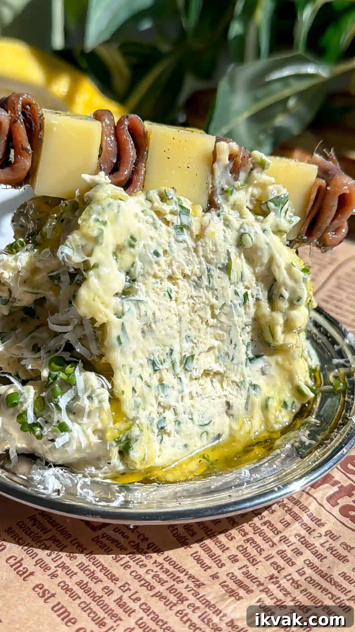 Caesar-Style Whipped Butter: Creamy Dressing-Inspired Spread 8 A close-up of Caesar whipped brown butter with a large scoop removed, revealing the airy, herb-speckled texture inside the butter mound.