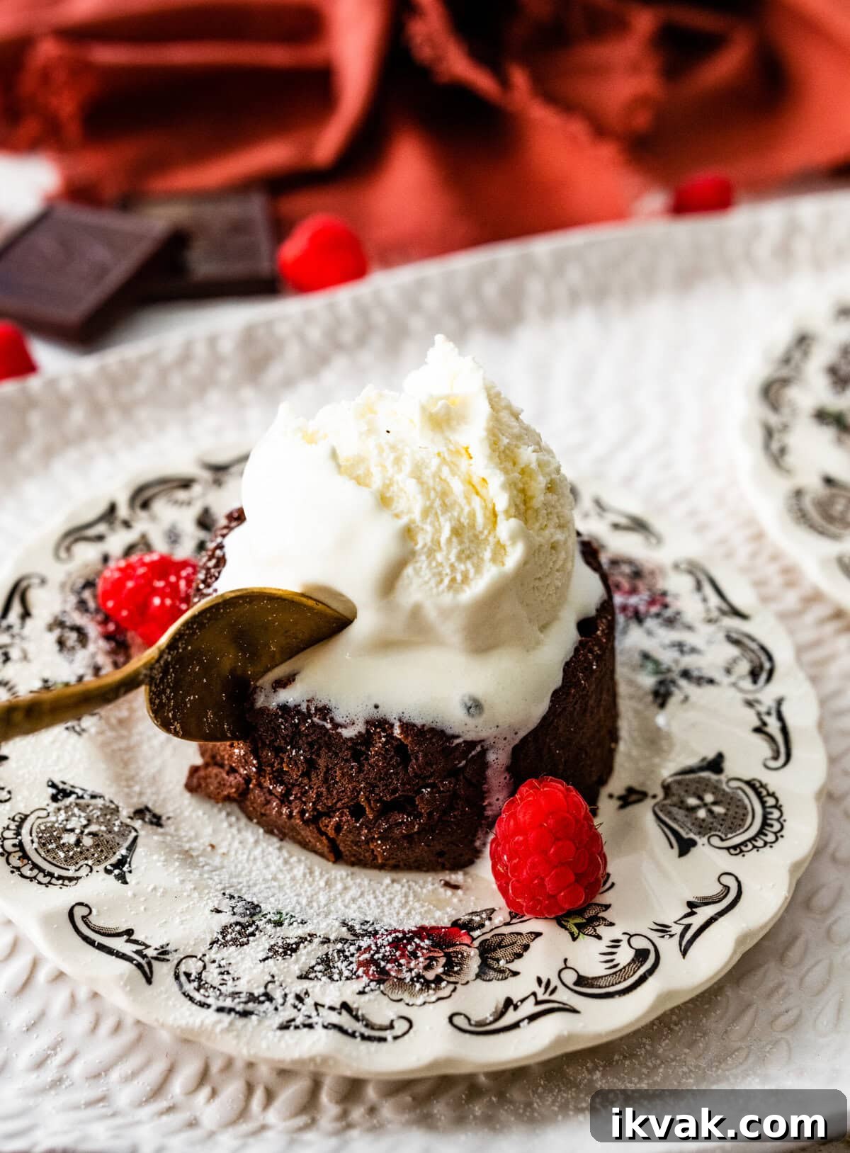 Serve the chocolate molten lava cake with ice cream.