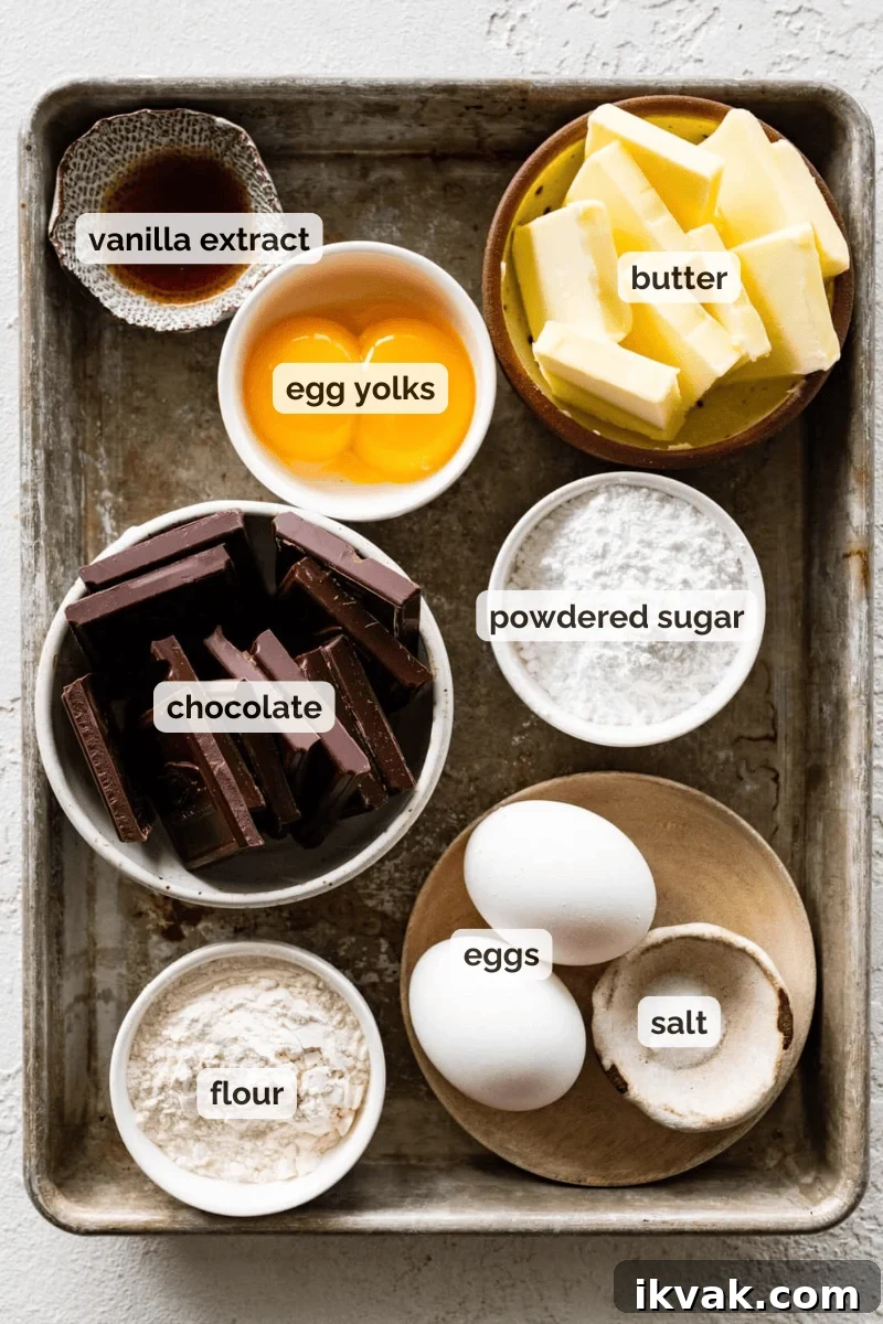 Recipe ingredients for molten chocolate lava cake recipe.