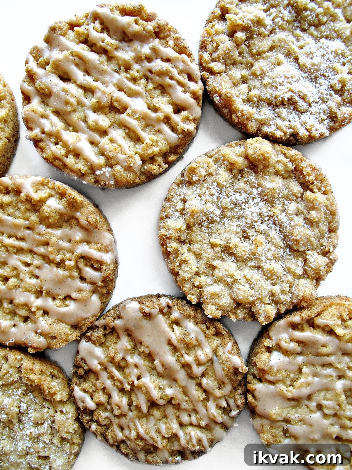 Cinnamon Streusel Cookie Recipe: Crispy, Buttery Bites 2 Streusel Cookies with powdered sugar or icing drizzle.