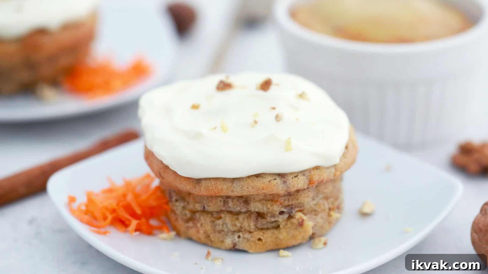 11 Mess-Free Mug Cake Recipes for Quick Single-Serve Desserts 5 Carrot cake muffin topped with cream cheese frosting and chopped nuts, served on a white plate with grated carrot and walnuts nearby.