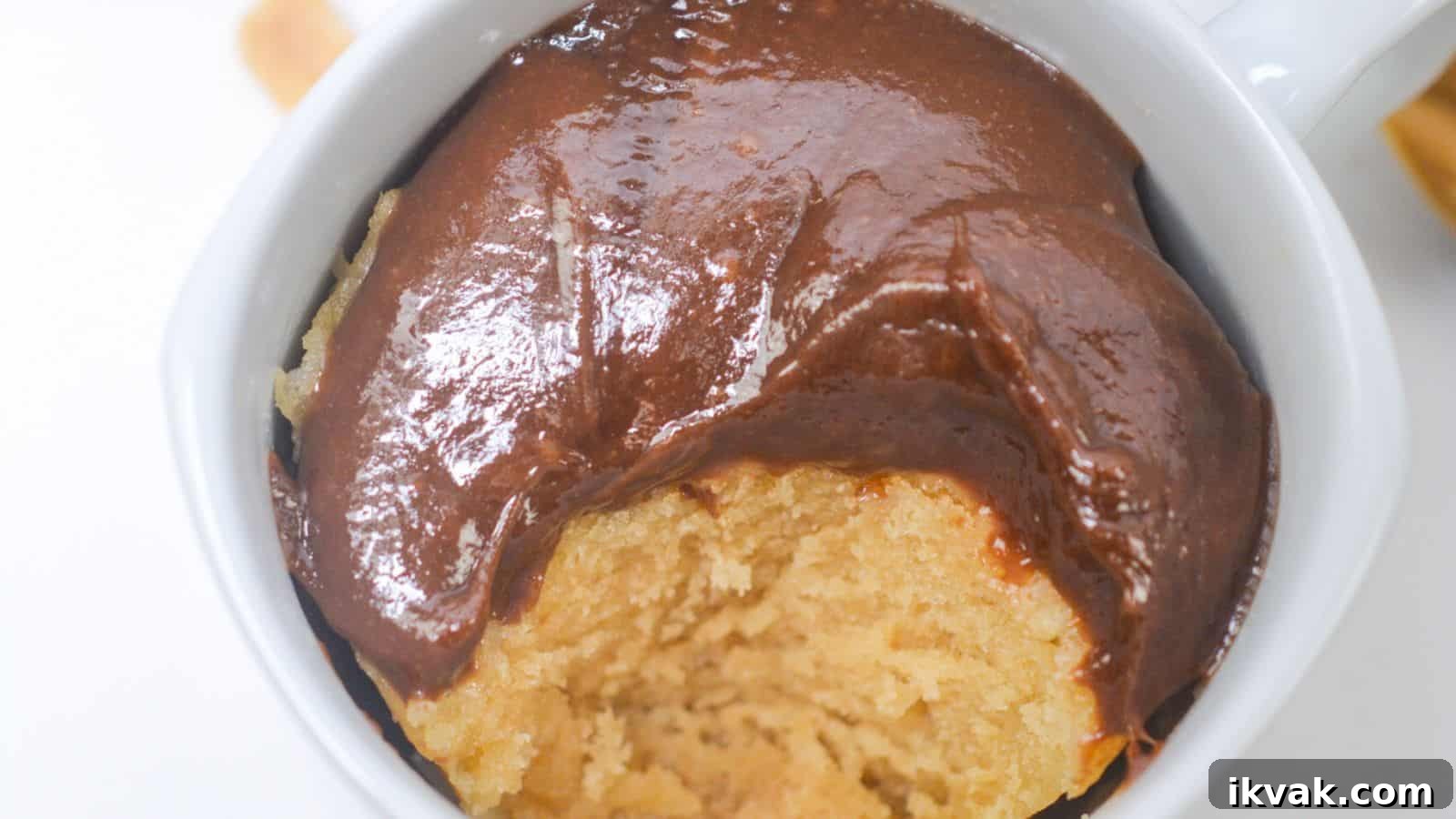 11 Mess-Free Mug Cake Recipes for Quick Single-Serve Desserts 8 A peanut butter mug cake topped with a smooth, glossy chocolate sauce, viewed from above.