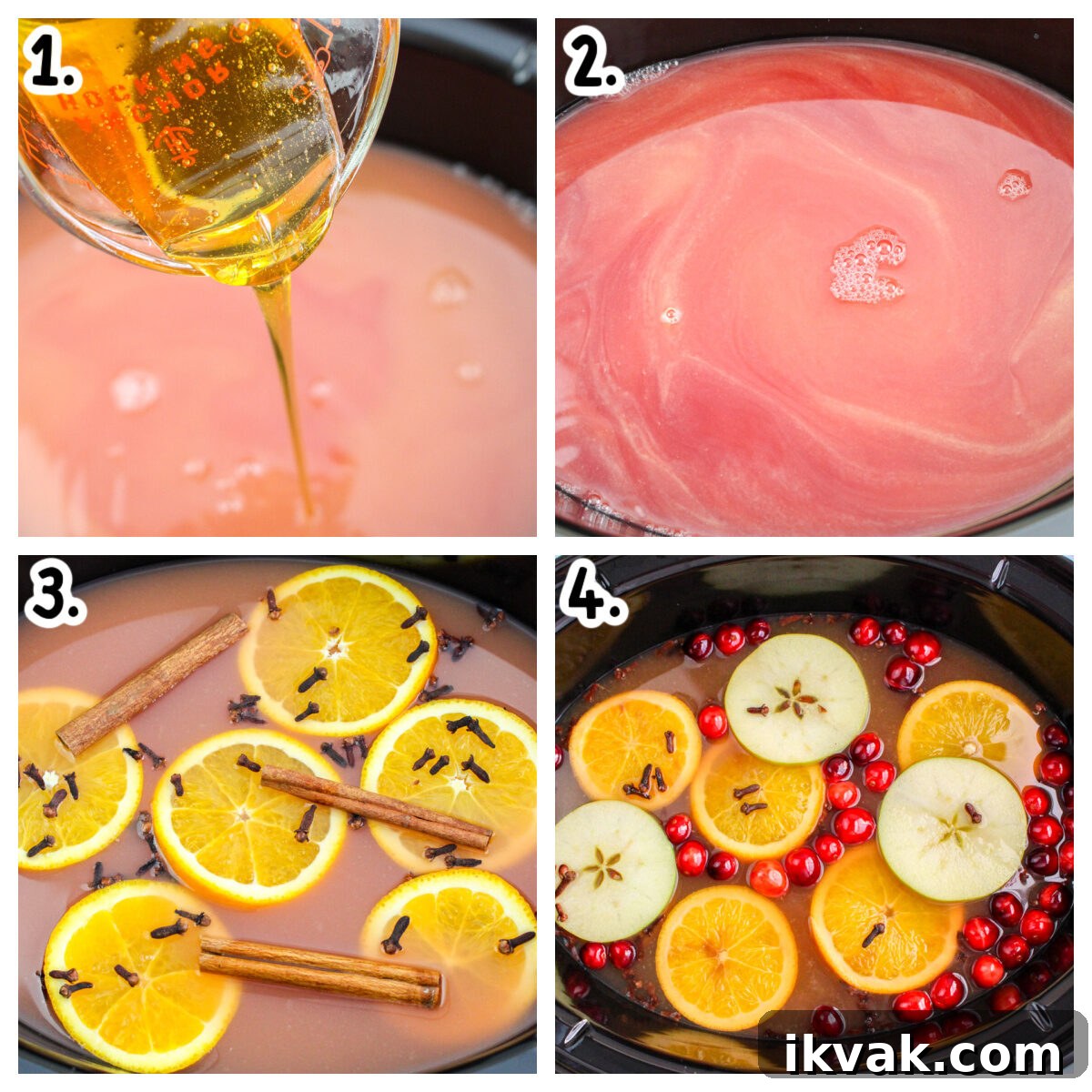 4 image collage on how to make wassail in crockpot