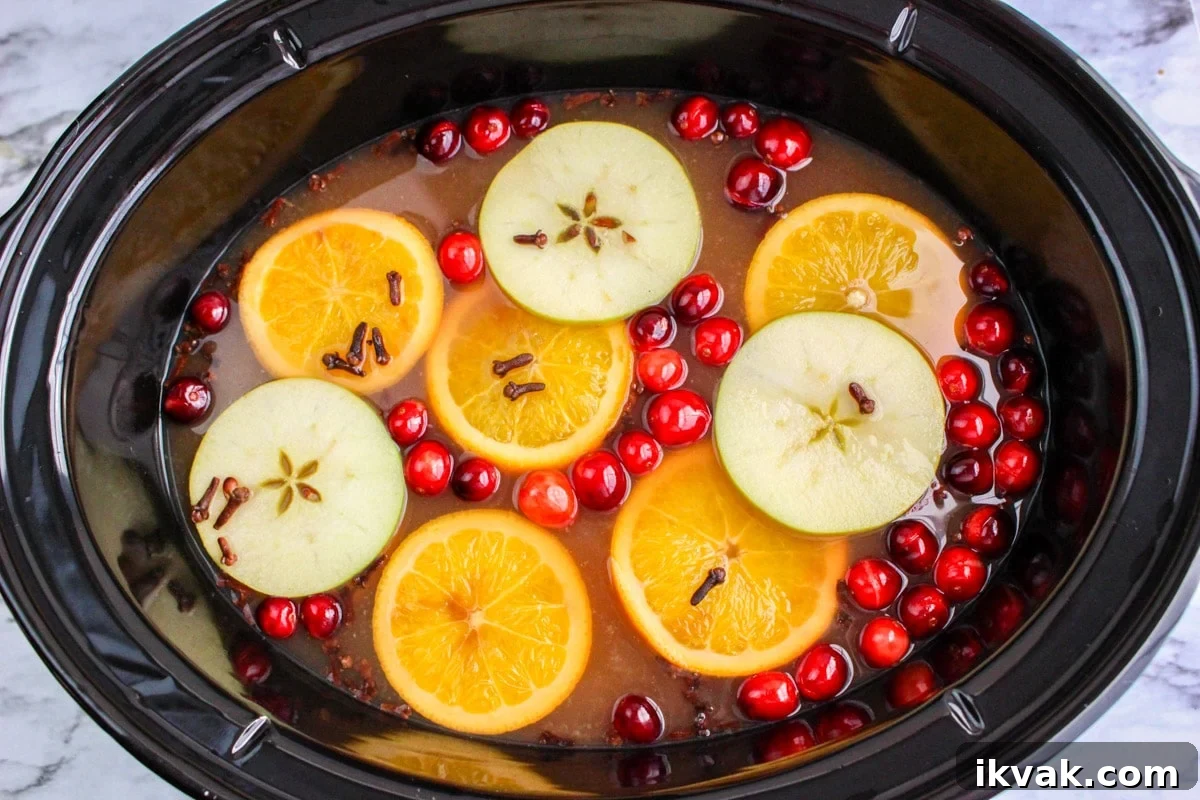 overhead shot of wassail in slow cooker