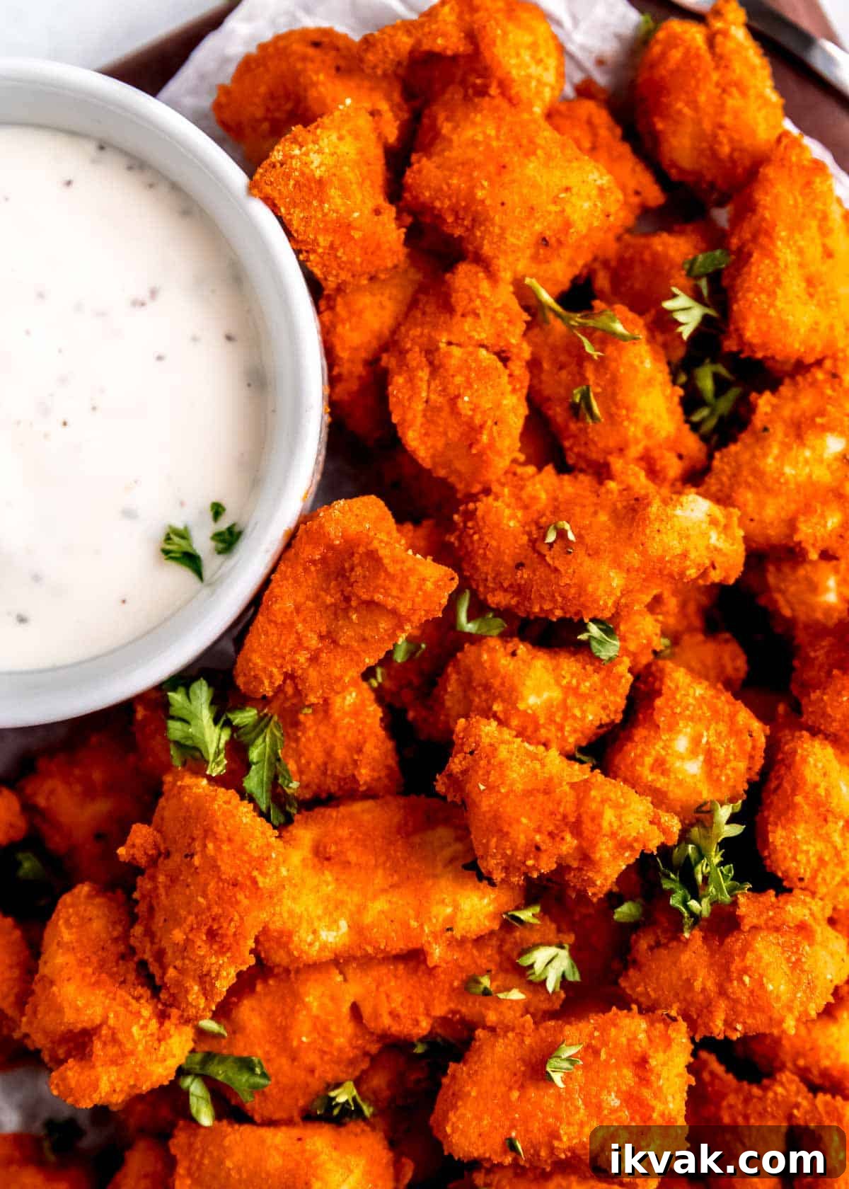 Crispy Air Fryer Buffalo Chicken Bites with Blue Cheese Dip 2 close up of buffalo chicken bites and sauce in white bowl