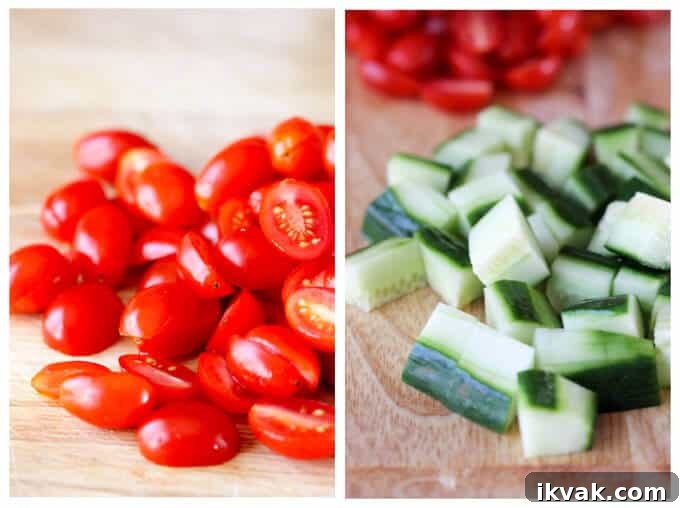 Horiatiki Salad with Golden Greek Peperoncini combines the freshest ingredients of seasonal tomatoes, cucumbers, green peppers, red onions, tangy kalamata olives and creamy feta with mildly piquant, fruity flavor Mezzetta Peperoncini.