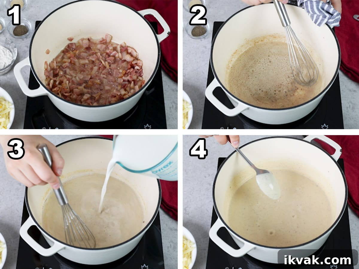 collage of four photos showing bacon cooking and a roux being prepared for bacon mac and cheese