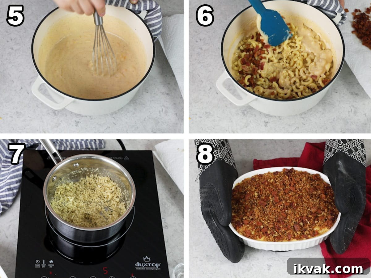collage of four photos showing how to make bacon mac and cheese