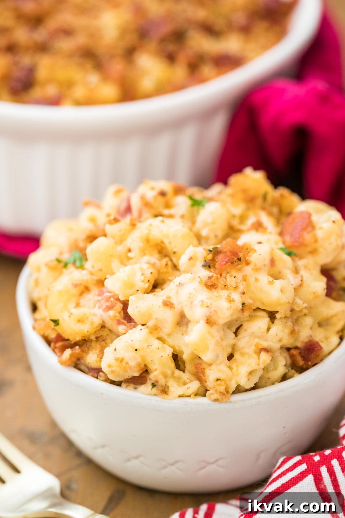 serving of bacon macaroni and cheese in small white bowl