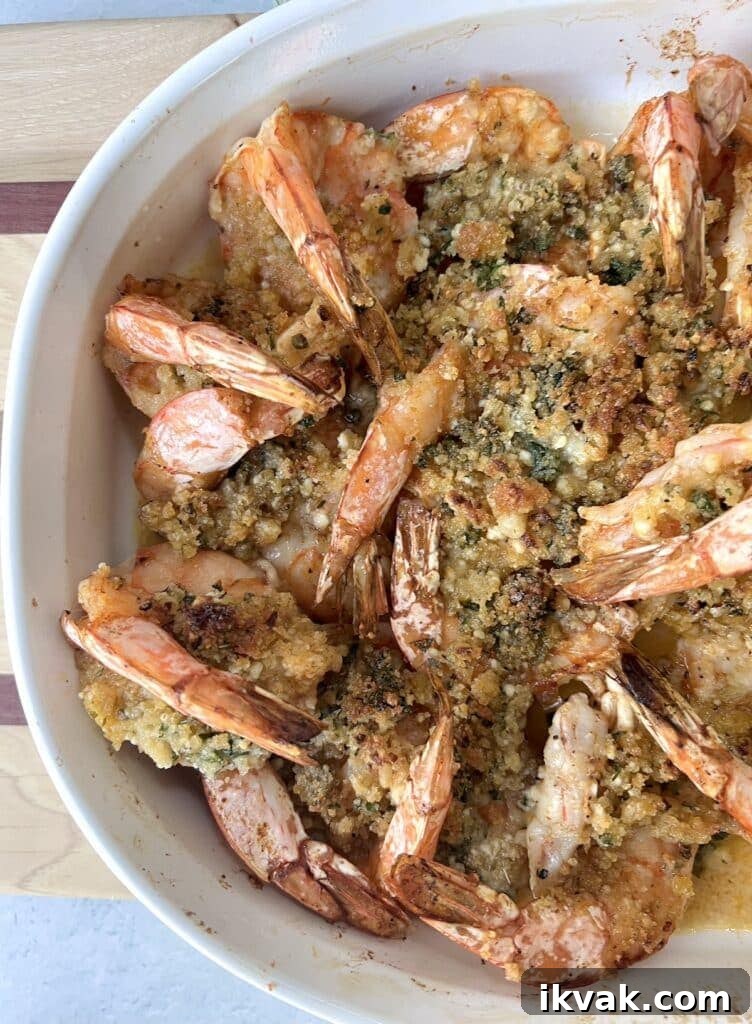 Shrimp Oreganata with White Wine Lemon Butter 2 Overhead view of baking pan with finished shrimp oreganata.