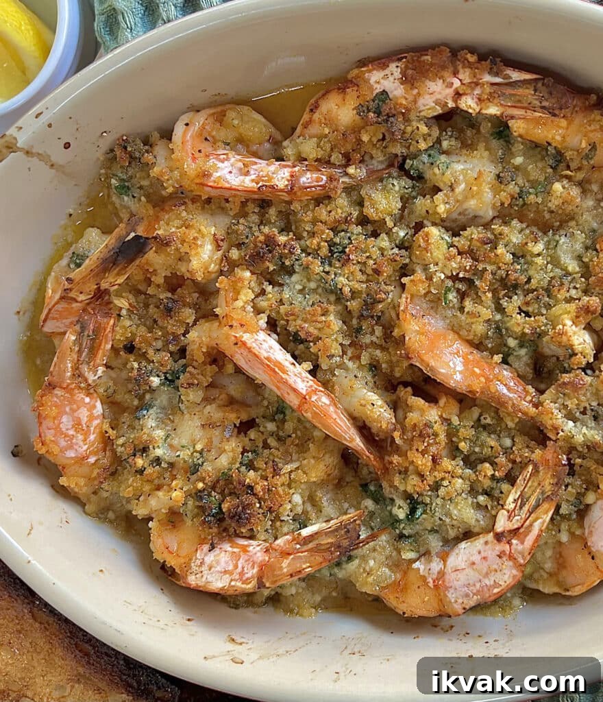 Shrimp Oreganata with White Wine Lemon Butter 6 Baked shrimp oreganata finished in baking dish.