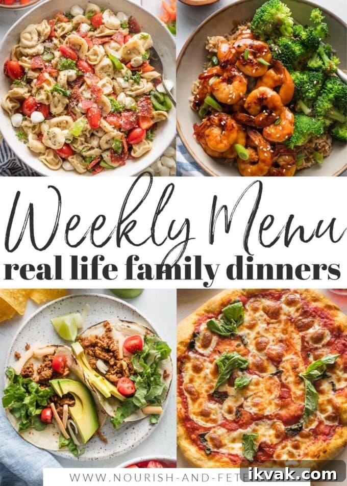Composite image of tortellini pasta salad, honey garlic shrimp, ground chicken tacos, and pizza, with the overlay text: 'Weekly Menu: real life family dinners.'