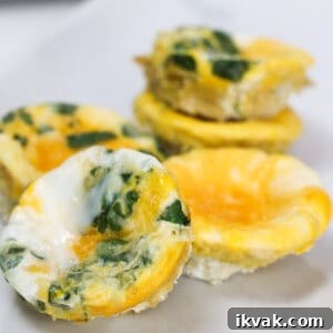 Baked eggs in a muffin tin, some are plain egg, and some have spinach and cheese.