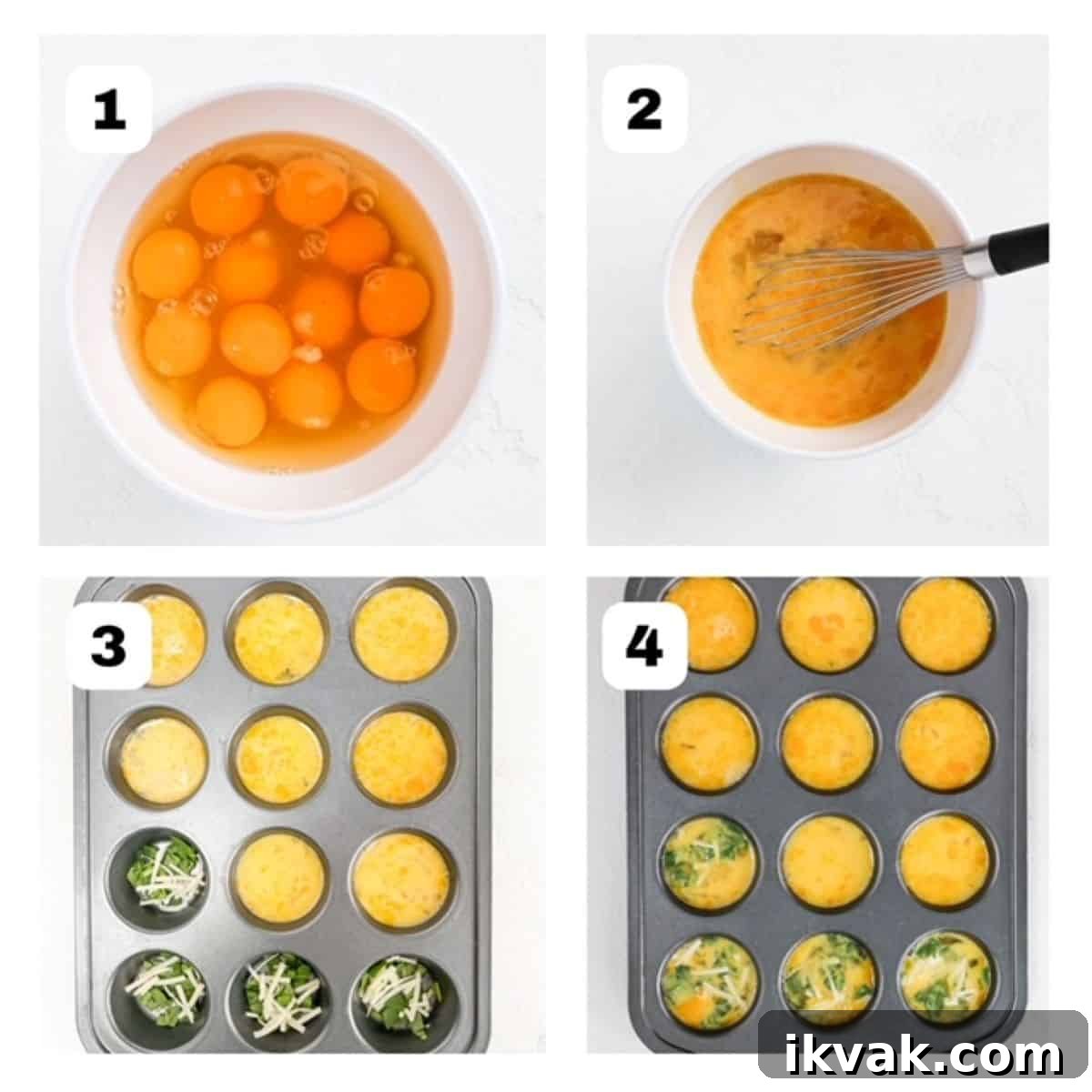 Four pictures showing steps on how to make baked eggs in a muffin tin.