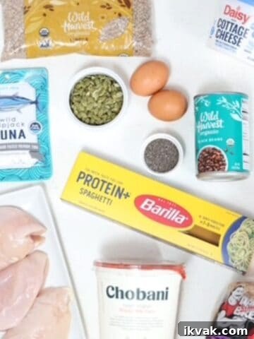 A variety of high protein foods with a white background.