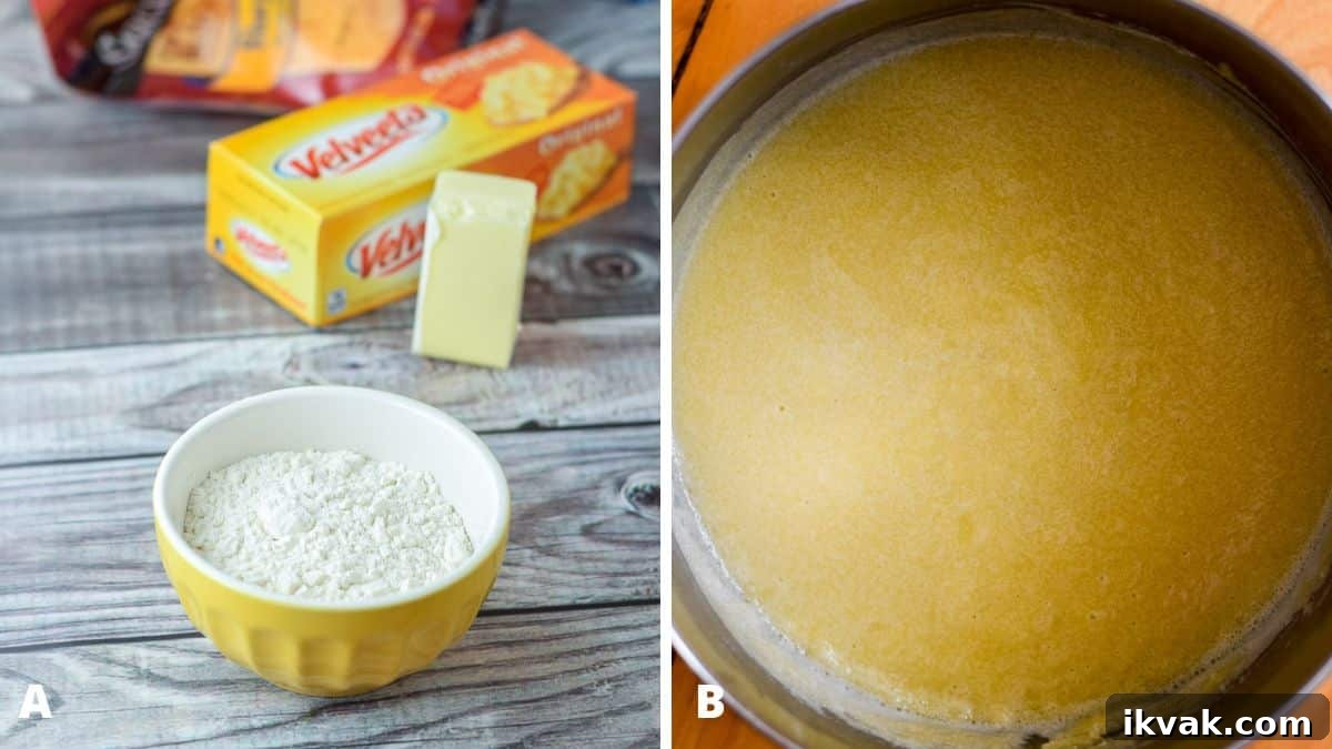 Ultimate Creamy Baked Mac and Cheese Recipe 4 Left - Flour, butter, velveeta cheese, and other cheese. Right - a pan with melted butter and flour