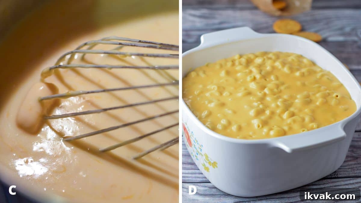 Ultimate Creamy Baked Mac and Cheese Recipe 5 Left - cheeses added to a pan with a whisk in it. Right - the cheese sauce poured on the elbow macaroni