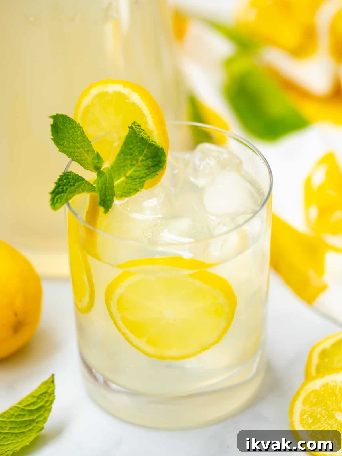 Glass of mint lemonade with sliced lemon and fresh mint next to whole lemons.