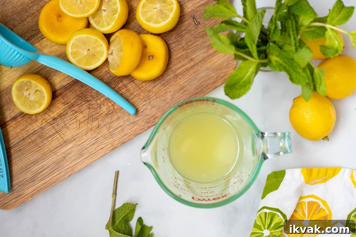 Measuring cup with fresh lemon juice next to halved lemons and a juicer.