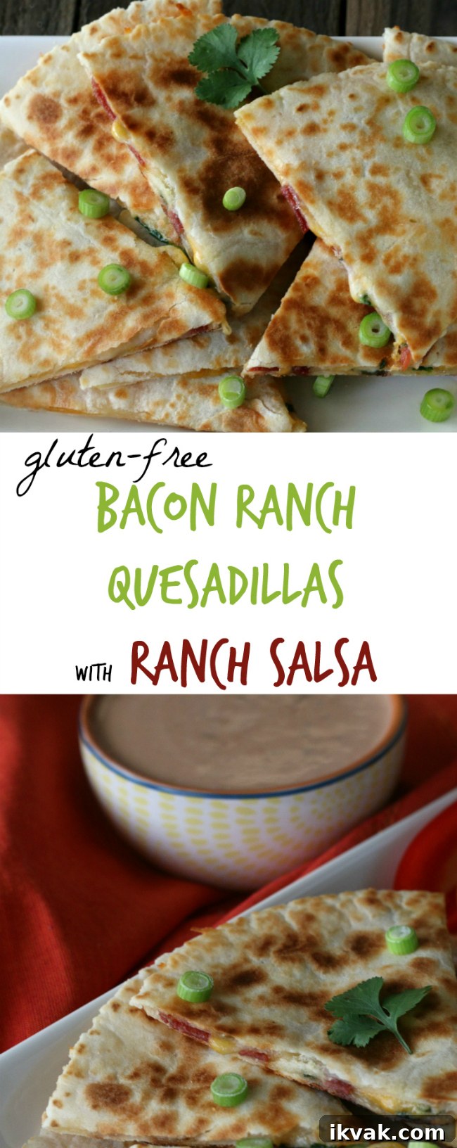 How to Make Gluten-Free Bacon Ranch Quesadillas 9 Gluten-free Bacon Ranch Quesadillas with Ranch Salsa. Easy weeknight dinner recipe!