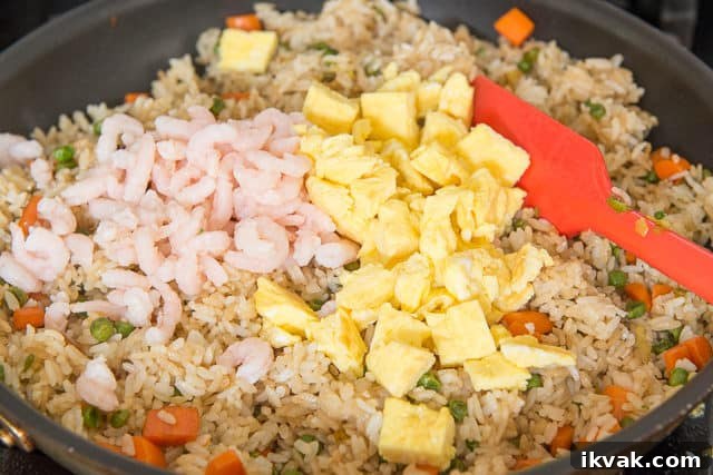 Baby Shrimp and Cut Egg Pieces On Top of Rice in Skillet