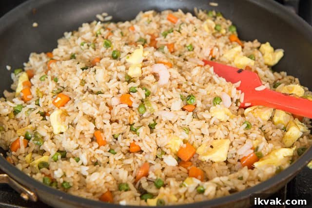 Homemade Fried Rice - In a Nonstick Skillet with Shrimp, Egg, Carrots, and Peas