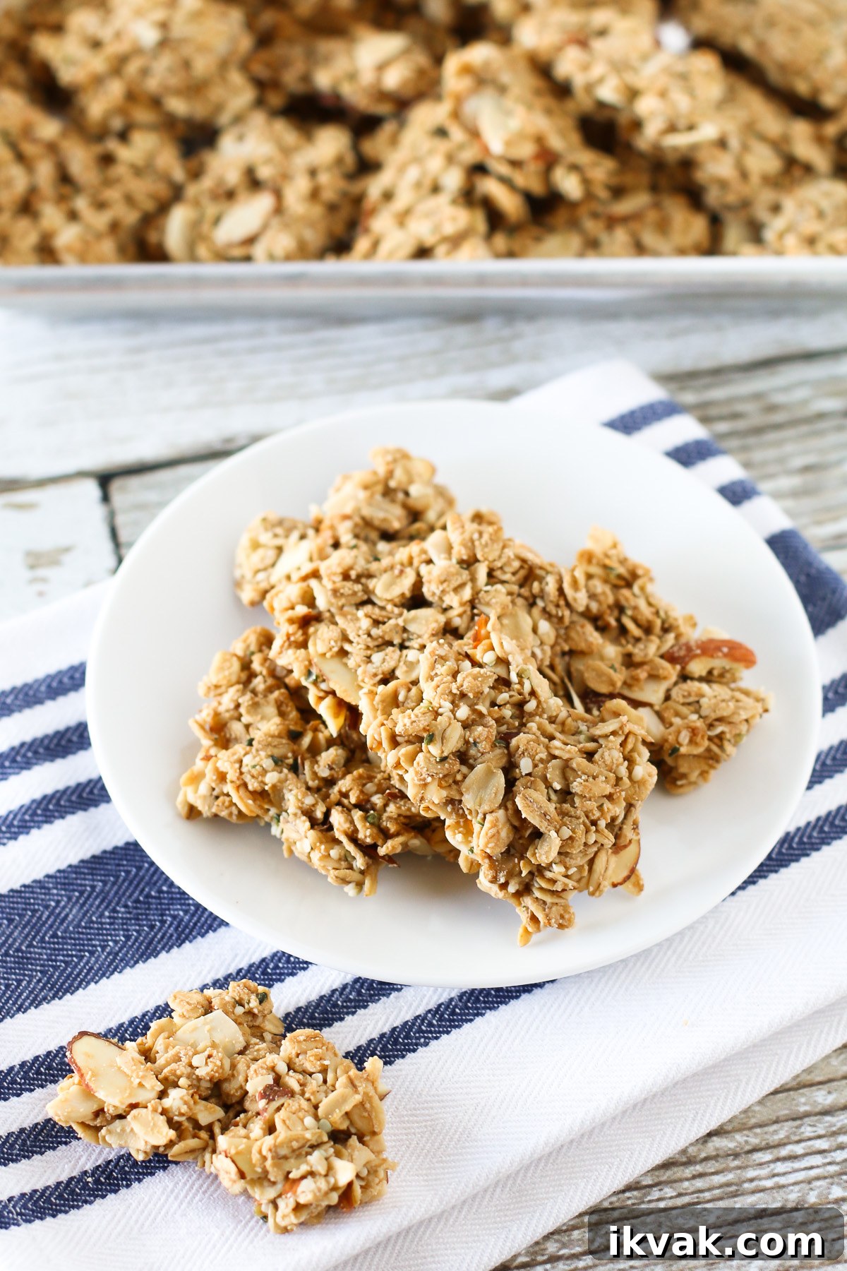 Gluten Free Vegan Maple Almond Granola Clusters. Crispy, crunchy clusters of maple-sweetened granola. Packed with protein too!