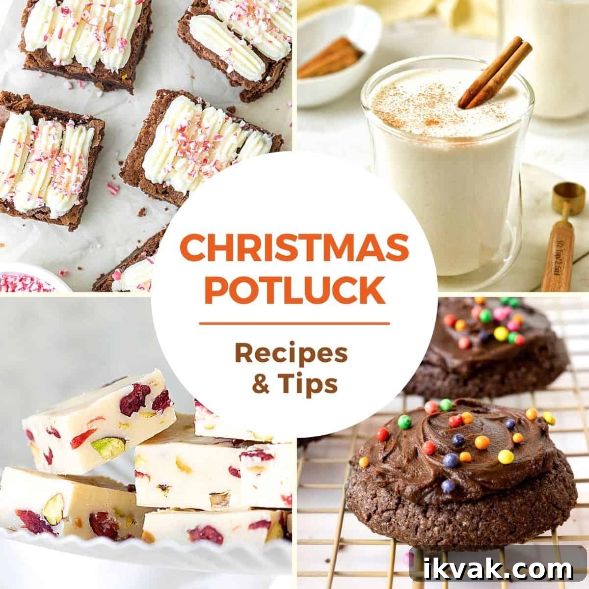 Christmas Potluck Ideas: Crowd-Pleasing Dishes & Menu Tips 2 White, brown and orange text overlay on four images of Christmas dishes.
