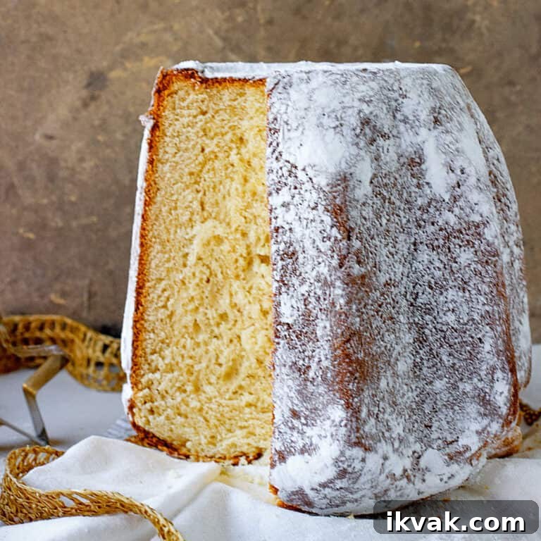 Golden Italian Pandoro bread with powdered sugar and a cut slice on a white cloth with brownish gold background.