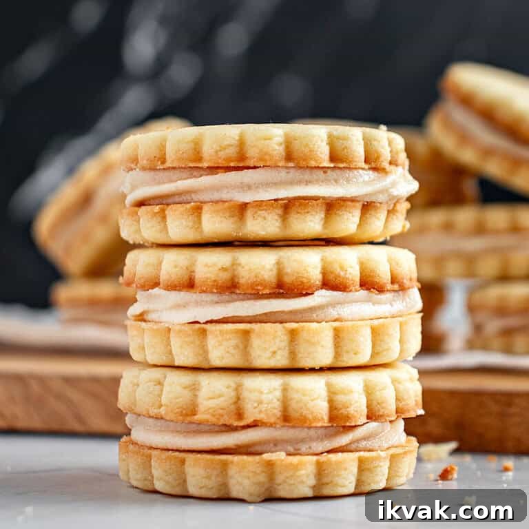 Three vanilla sandwich cookies in a pile. Dark background.