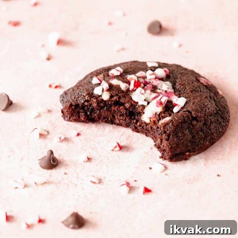 Bitten chocolate peppermint cookie on a pink surface with chips and crushed candy around.