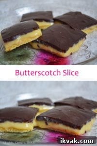 Butterscotch Slice. Layers of crisp shortbread, gooey #caramel and rich chocolate. Click the link for the #recipe